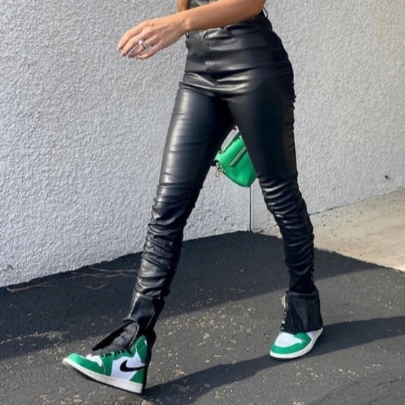 Prettylittlething Leather Pants Womens 10 Black BNWTs Side Slits - Picture 1 of 15